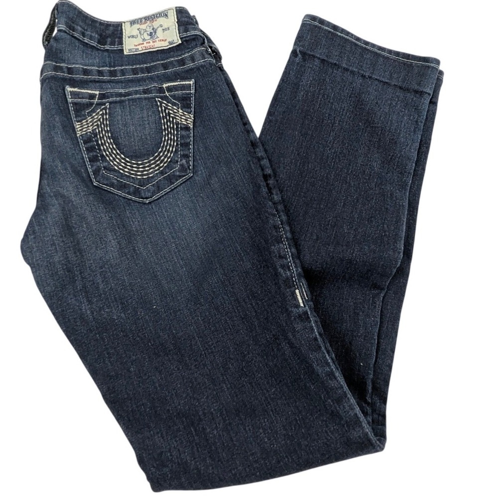 True Religion Section Straight Dark Wash Jeans Contrast Stitch Size 27 USA Made